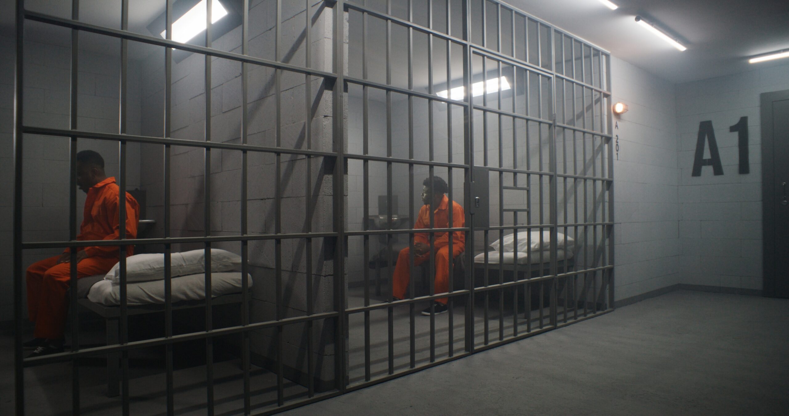 Two individuals in orange jumpsuits are seated inside a jail cell with a metal bed visible.